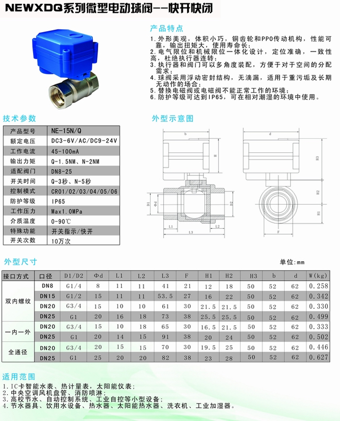 微型电动球阀 技术参数