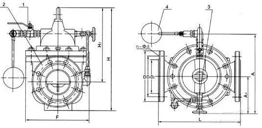100X遥控浮球阀 结构尺寸图（1、球阀 2、主阀 3、针阀 4、浮球阀）