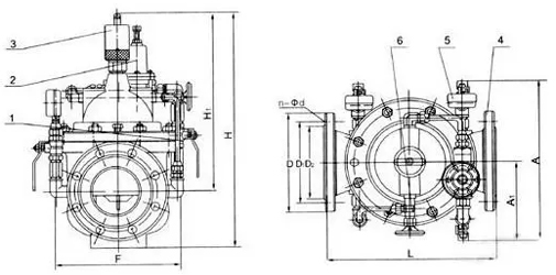 300X缓闭止回阀 外形结构图 (1、针阀2、主阀3、球阀4、压力表5、单向阀）